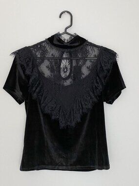 Short-sleeve Velvet and Lace Top high neck ruffles deep V neck black